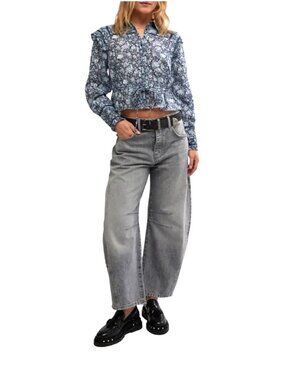 Free People Printed Daybreak Chambray Combo Blouse Floral Ruffled Cotton Small
